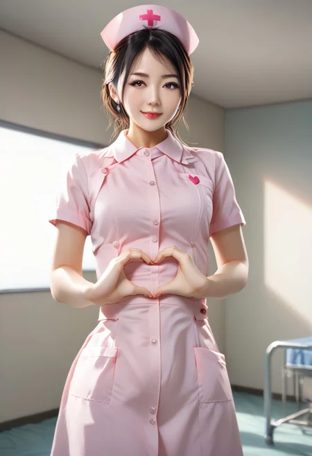 (Cowboy shot:1.2), smiling elegant slim asian woman, Japanese, wearing (((pink nurse uniform))), black hair, (brllyheart:1.4), (modern hospital room), photo, 1girl, ultra high res, realistic photorealistic, ultra-detailed, finely detailed, high resolution, perfect dynamic composition, (perfect eyes), (detailed eyes), solid circle eyes, sparkling eyes, (clean eyes), anatomically correct, super detail, textured skin, extremely detailed face and eyes, detailed facial features, ((perfect face)), narrow waist, thin waist, wide hips