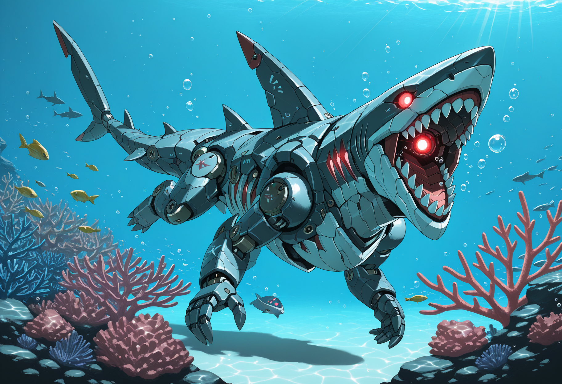 solo, open mouth, red eyes, tail, teeth, no humans, glowing, sunlight, sharp teeth, robot, glowing eyes, mecha, science fiction, fish, bubble, underwater, joints, air bubble, robot joints, non-humanoid robot, shark, coral, mechanical tail, mechanization, robot animal, 