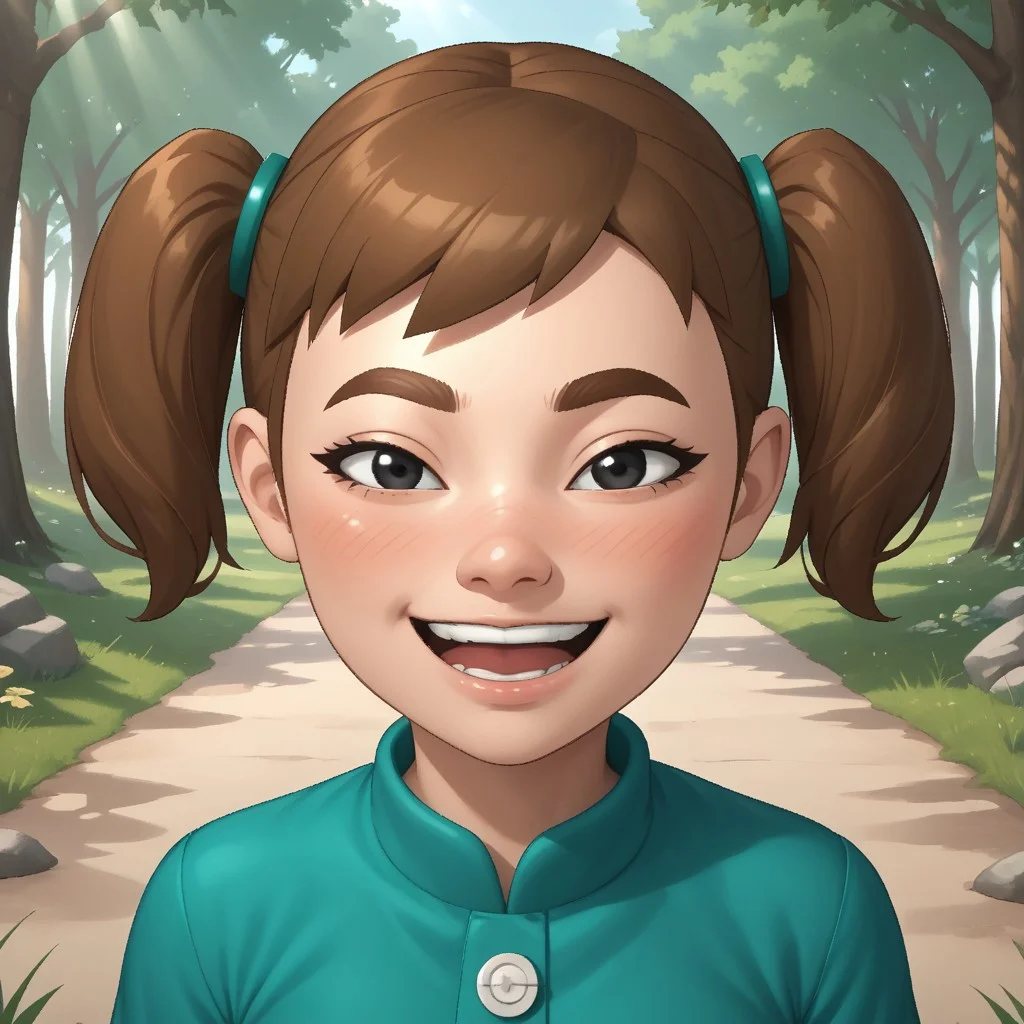 score_9, score_8, BREAK, solo, mii, wii, black eyes, brown eyebrows, blush, open mouth, dark greenish brown hair, twintails, dark green clothing, 1girl, female mii, wii sports, black pants, shoes, cute, breasts, Midori_(Wii_Sports), nintendo Mii, modern_mii, classic_mii, sexy pose, smile, outdoors, sunlight, shadows, evening lighting, natural lighting, forest, trees, grass, orange sky, sunset