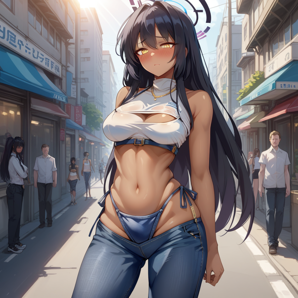 score_9, score_8_up, score_7_up, source_anime, expressive, anime, Artist speedlines, dynamic, 1woman, (Karin_(Blue Archive)), (dark-skinned_female:1.2), yellow eyes, meme_attire, (bikini_jeans:1.0), pants, panties, side-tie panties, highleg_bikini, clothing cutout, denim, lowleg_pants, denim_bikini,blush, blushing, embarrassed,  b3hindcurt4in, outdoors, urban, sunlight, light filtering,