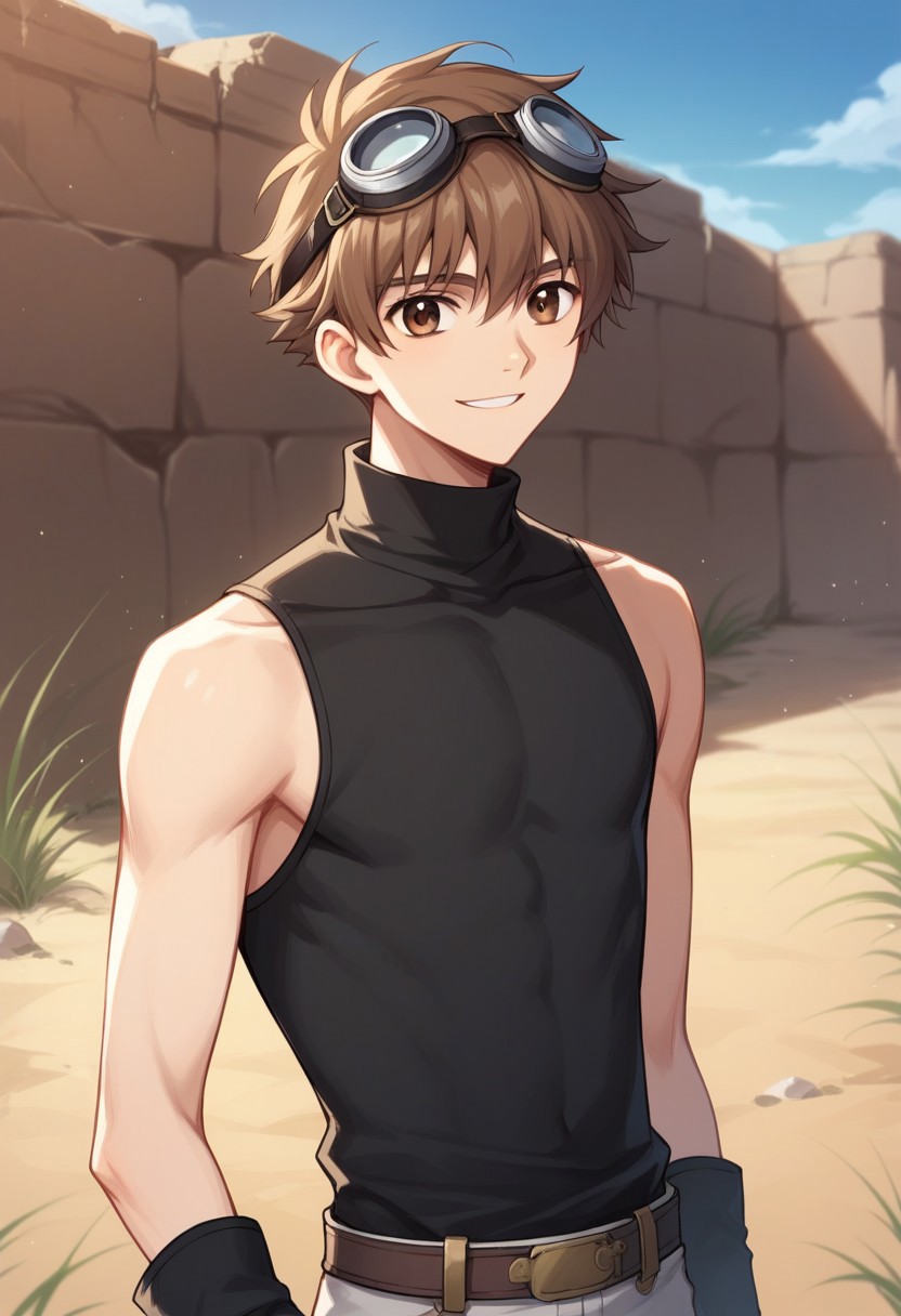 score_9, score_8_up, score_7_up, source_anime, highly detailed, 
shaoran, 1boy, solo, male focus brown hair, goggles, brown eyes, gloves, goggles on head, smile, shirt, black shirt, sleeveless, black gloves, turtleneck, white pants, upper body, slender, skinny
outdoor, desert, ruins,