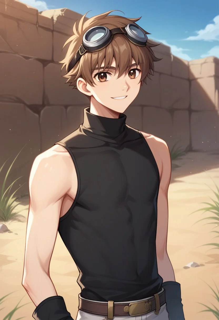 score_9, score_8_up, score_7_up, source_anime, highly detailed,
shaoran, 1boy, solo, male focus brown hair, goggles, brown eyes, gloves, goggles on head, smile, shirt, black shirt, sleeveless, black gloves, turtleneck, white pants, upper body, slender, skinny
outdoor, desert, ruins,