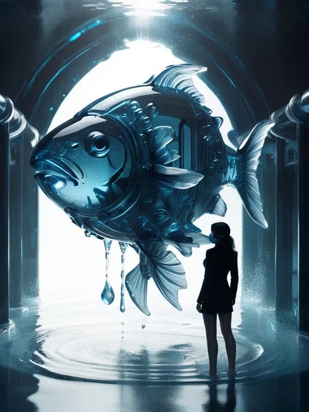 (masterpiece,top quality,best quality,official art,beautiful and aesthetic:1.2),(1girl:1.2),, woman standing, elegant,black suit ,sci-fi,the dark,cinematic,,cyberpank,mud,poison,detonator,polygon,(black smoke:1.3),(mat black:1.2),,mask,(wet:1.2),long hirl,pirate,oil,searchlight,night,in water,armour,prospective,pipe,shining surface of the water,reflection,transparency,translucent,steel ,Inside the spaceship,( shine fish swarm:1.2),Falling junk,backlighting,(vortex:1.2) <lora:ral-blueresin-sdxl:1> made of ral-blueresin