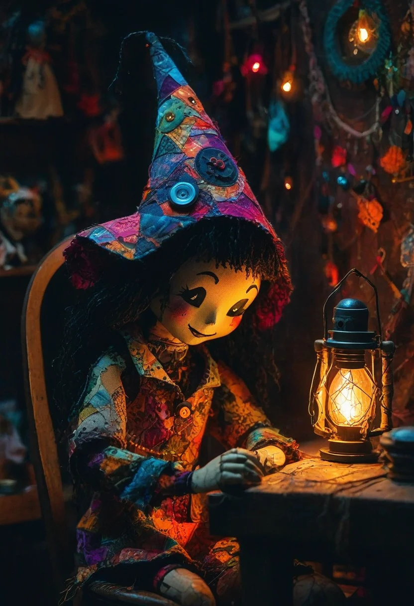CreepyCuteMagical, A patchwork doll with button eyes and a sewn-in grin, coming to life in a magical workshop. Its body is stitched together from scraps of vibrant, glowing fabric, and its head is topped with a tiny witchâs hat. Around it, tools and spools of thread hover mid-air, glowing faintly as if enchanted. The setting is a cozy, warmly lit space filled with jars of sparkling materials and mystical patterns etched on the walls.