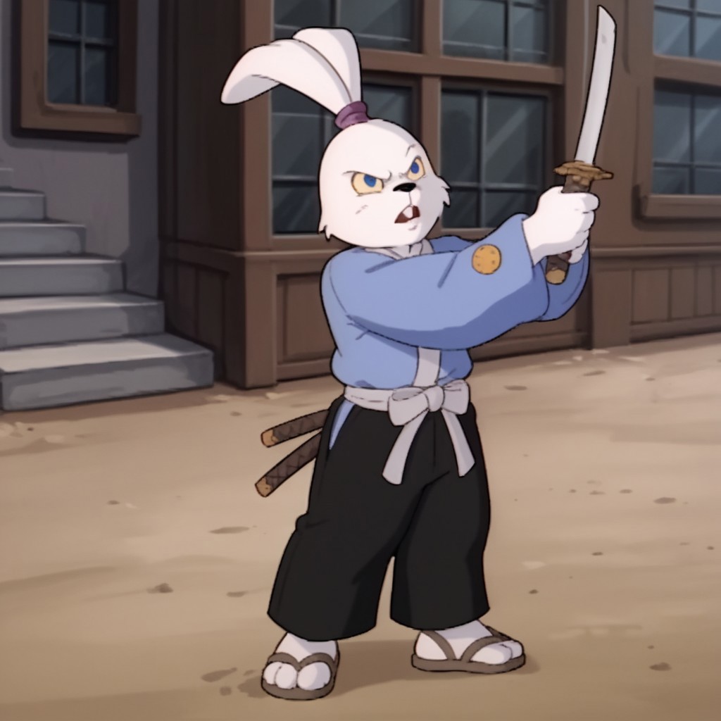 score_9, score_8_up, score_7_up, score_6_up, score_5_up, score_4_up, source_furry, Usagitmnt, anthro, male, rabbit, white fur, rabbit ears, buck teeth, blue eyes, yellow sclera, blue shirt, long sleeves, black pants, ears tied, topknot, purple hairband, socks, sandals, standing, outside, holding, katana, fighting stance