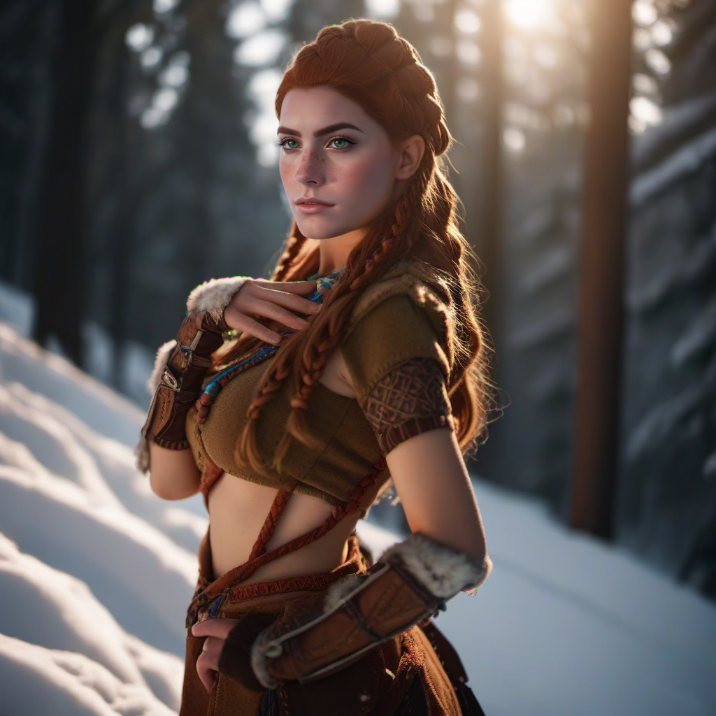 cinematic photo full body portrait 1girl, long hair, braid, jewelry, green eyes, freckles, gloves, breasts, detailed skin, detailed eyes, bur, forest, snow  <lora:Aloy1024:0.8> . 35mm photograph, film, bokeh, professional, 4k, highly detailed
