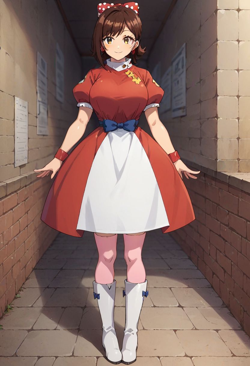 score_9, score_8_up, score_7_up, source_anime, 
takasakiminami, 1girl, solo, thighhighs, boots, full body, smile, white footwear, looking at viewer, earrings, dress, knee boots, pink thighhighs, jewelry, large breasts, standing, wristband, closed mouth, red dress, puffy short sleeves, polka dot bow