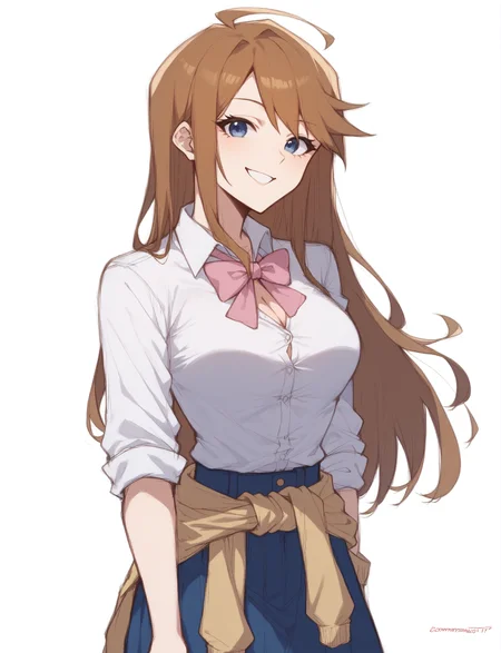 score_9, score_8_up, score_7_up, score_6_up, <lora:SoonV1:0.85>, mgmtkr, medium breasts, long hair, blue eyes, brown hair, <lora:Hoseki_Idolmaster_MegumiTokoro_PDXL_v1:1>
1girl, blue skirt, bow, bowtie, cleavage, collared shirt, dress shirt, miniskirt, pink bow, pink bowtie, (loose bowtie:1.2), pleated skirt, sleeves rolled up, school uniform, shirt, skirt, white shirt, wing collar, (clothes around waist:1.2) , smile, looking at viewer, simple background, sketch, solo, standing, stomach, upper body, white background,