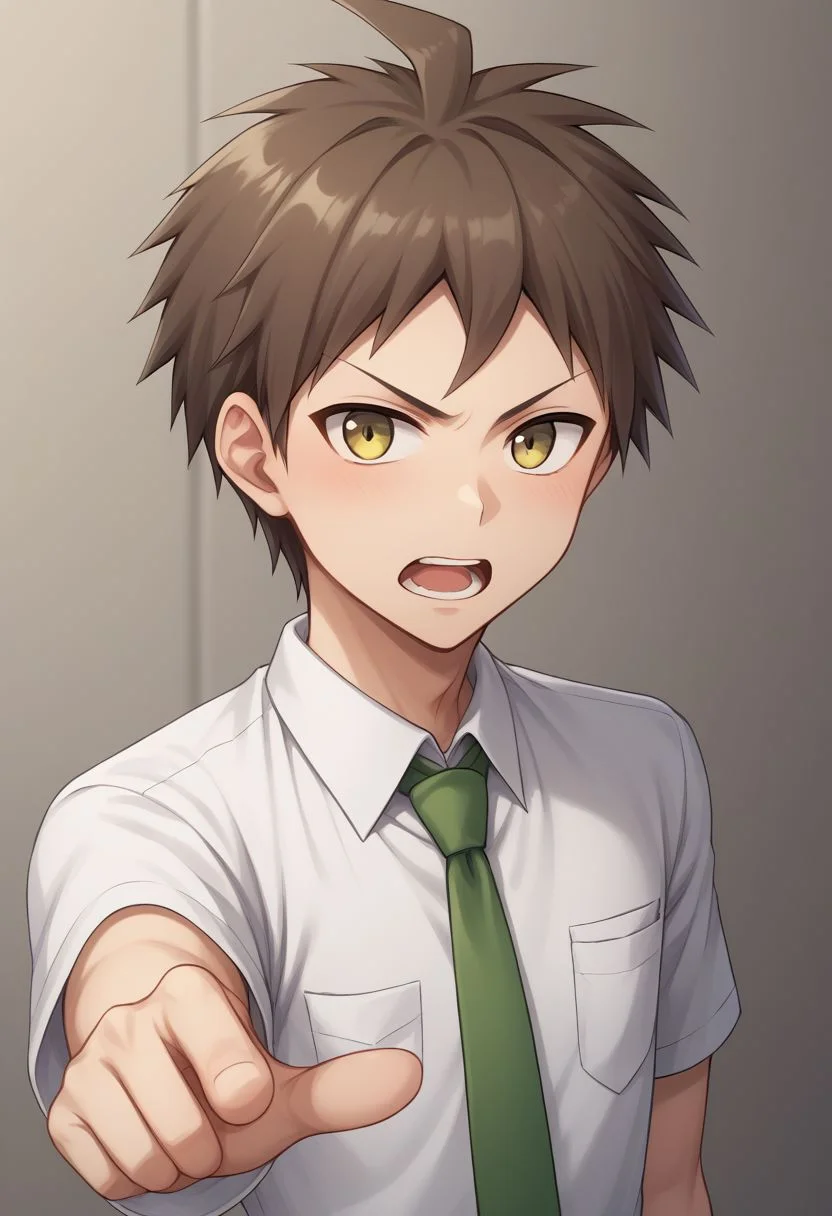 score_9, score_8_up, source_anime, highly detailed, 1boy, solo, skinny,
hinata, 1boy, male focus, solo, necktie, brown hair, short hair, shirt, open mouth,
collared shirt, bangs, upper body, green necktie, teeth, breast pocket short sleeves, pocket, pointing, arm stretched forward, determined,
indoor, court, witness stand,