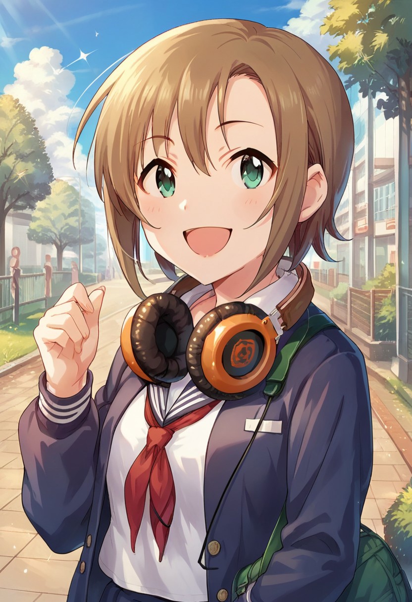 score_9, score_8_up, score_7_up, source_anime,tada riina, short hair, brown hair, green eyes, headphones, 1girl, school uniform, headphones around neck, open mouth, smile