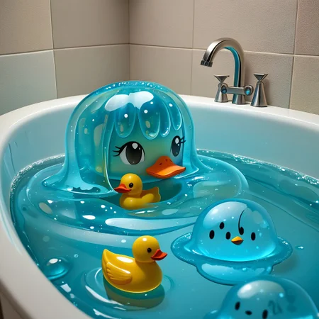 {1rubber duck, 1 rubber duck made out of slime, (slime rubber duck:1.5), yellow slime body, orange slime beak, glossy black eyes, translucent slime rubber duck, transparent slime rubber duck}
hud_sp_bth, flower, petals, water, bath, in an elegant bath tub, bubbles made out of slime, slimes hiding in the bath bubbles, bubble bath, perspective from inside tub, prespective from inside bath,
everything made of slime, No simple background,
((translucent slime)), ((transparent slime)), (bioluminescent slime), sl1m3d, slime, slime-morph, saturated colors, no humans, no people,