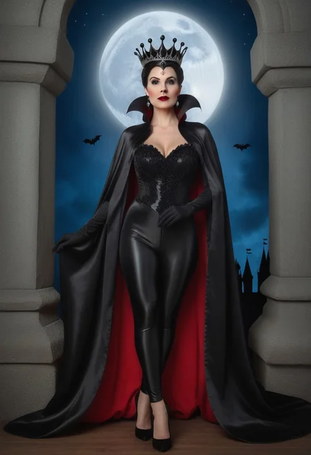 Fantasy Photoshoot, studio photography, cosplay,
Full length view of A towering, Beautiful female evil Queen, Black Crown, surprised look on face, embodying a 50's aristocratic elegance, exudes a mesmerizing allure, dressed intriguingly as a mysterious stepmother, her silhouette mysteriously clad in a glossy black latex Catsuit paired with a fluid, floor-length shiny Black Satin Cape with Red satin lining that gradually unfolds into a ruffle at the hem, her face has an evil Powerful look, seductively standing outside in front of her Dark gothic Castle at night with a full moon and Bats flying in the Background