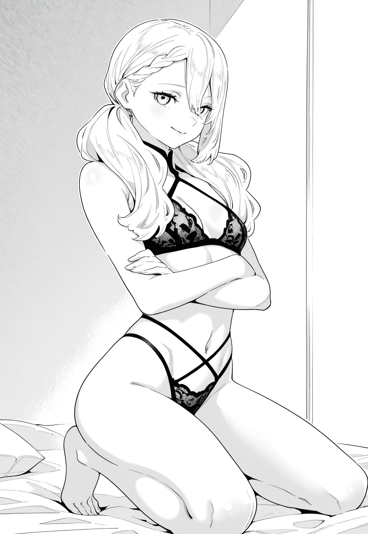 masterpiece, best quality, amazing quality, 1girl, solo, varvara pilipenko, long wavy light hair, twin tails, side bangs, small breasts, wide hips, black halter bra, high-leg thong with thin straps, lingerie, kneeling on bed, arms crossed under chest, flirtatious smile, monochrome




