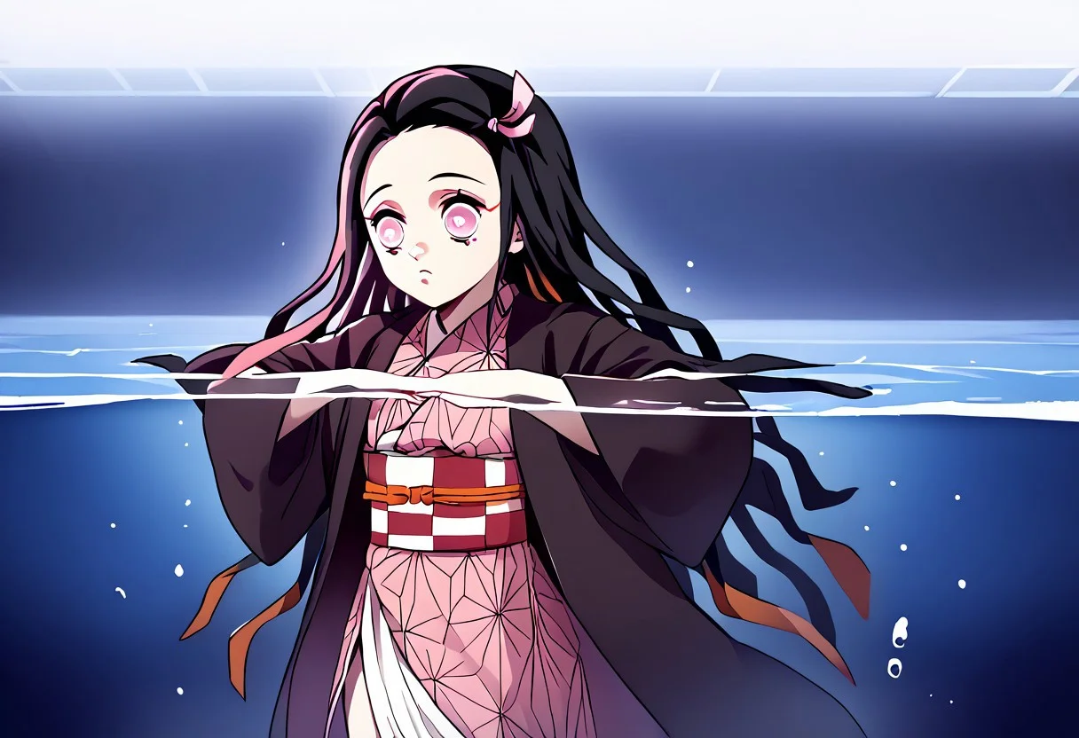 kamado nezuko,1girl, black hair, pink eyes, magenta pupils, pink hair ribbon, two-tone hair, nezukob, black hair, purple eyes,white pupils, pink hair ribbon, two-tone hair, nezukoc, black hair, solid circle eyes, parody, pink hair ribbon, two-tone hair, pink kimono, black haori,asa no ha \(pattern\), virgin destroyer sweater, partially underwater shot