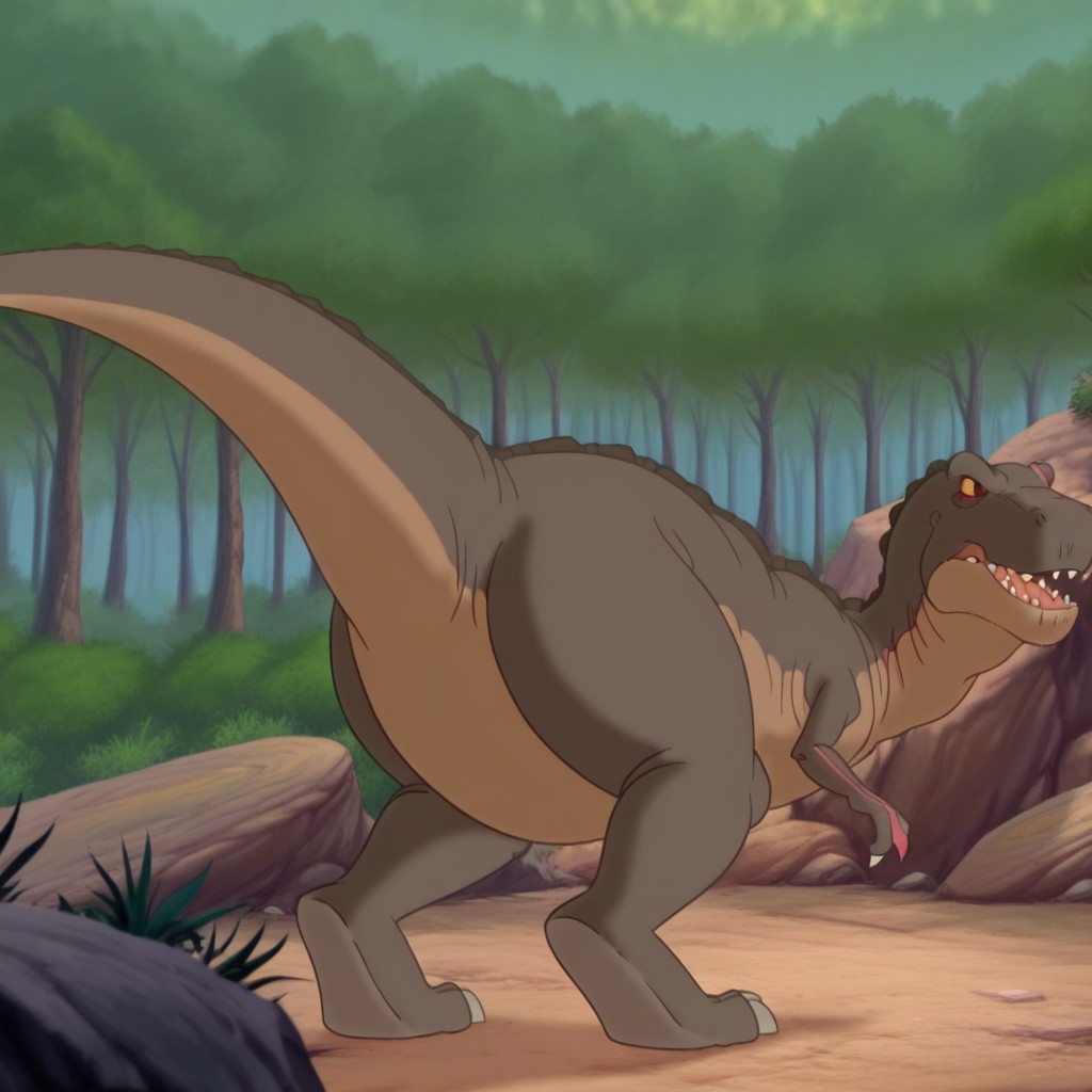 masterpiece, best quality, amazing quality, redclawlbtil, feral, male, Tyrannosaurus, brown skin, scar, one red sclera, one yellow sclera, black eyes, pink scar, forest,   fully body,  solo, one red finger claw, from behind