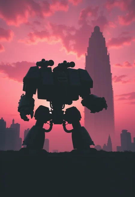 enistyle, A monochrome Photo of a dystopian Landscape, eerie billowing Clouds, a towering black silhouette of a broken war-mashine warhammer space marine dreadnought mechwarrior infront of a bleaked atmospheric lighting, desolate skyscraper ruins, bleaked pink/orange sundawn