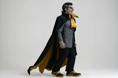 score_9, score_8_up, score_7_up, BREAK,
heroes2, from side, three-quarter view, vampire, 1boy, male, solo, full body, standing, black cloak, (yellow accents:1.2), grey skin, black hair, white background, red eyes, black cape, black pants, black suit, black dress shoes, high collar, grey streak, yellow fangs, long fangs,
, <lora:HoMMv6_S98:1>,