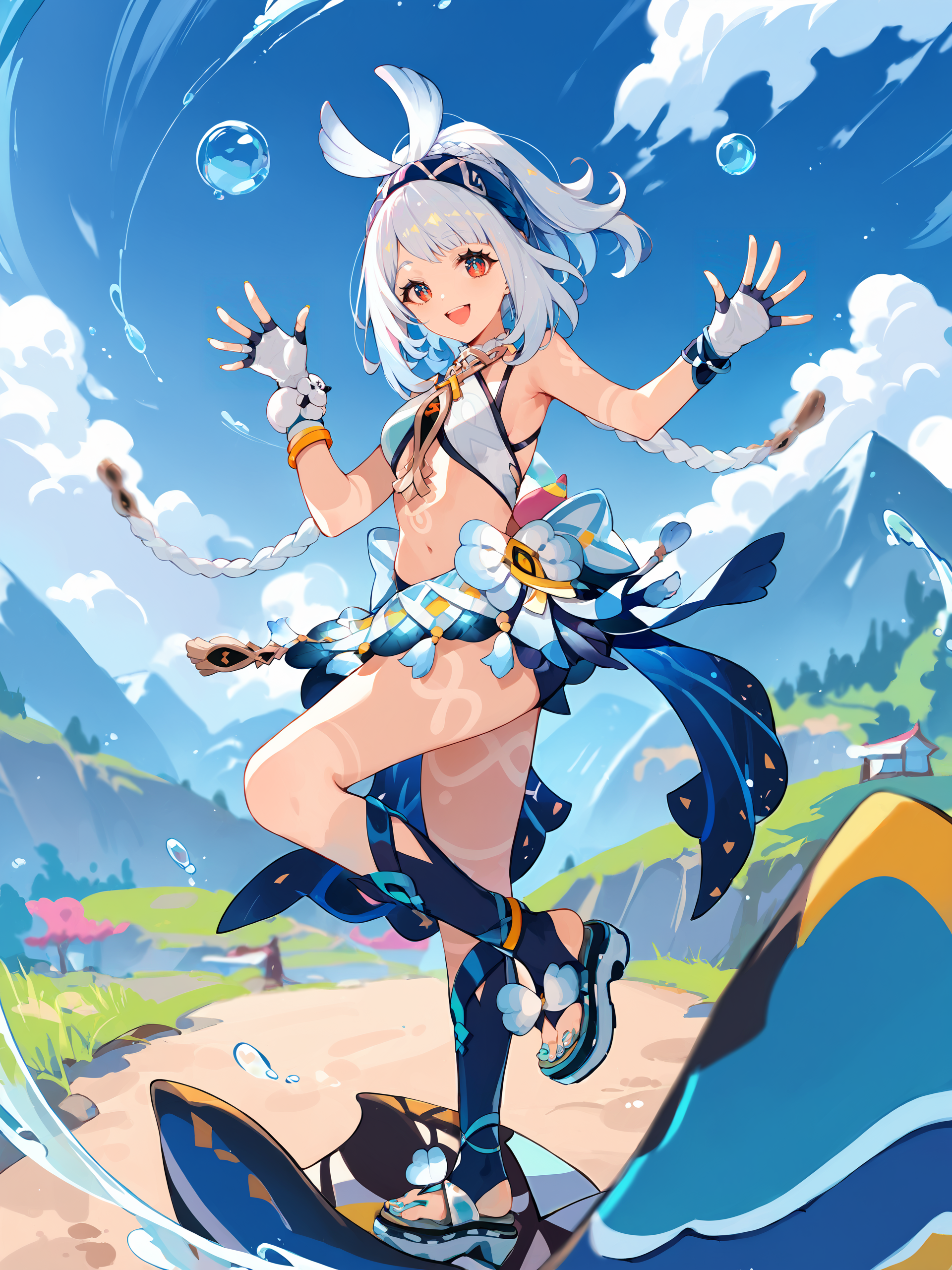 1girl, mualani \(genshin impact\), fingerless gloves, nail polish, crop top, bow hairband, sarong, sandals, stirrup legwear, waist bow, bodypaint, looking at viewer, smile, open mouth, full body, standing on one leg, waving, mountainous horizon, scenery, depth of field <lora:Char-Genshin-Mualani-V1-Pony:0.9>, score_9, score_8_up, score_7_up, source_anime