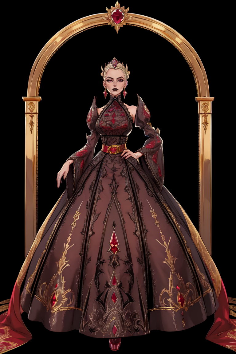 (portrait:1.3), woman, platinum blonde hair, wearing HUD_Evl_Que3n_2, dress, earrings, <lora:Evil_Queens_Sister-000009:0.65> , (The City of Glas:1.2), (((Passion)), Regal Desire, Luxurious ((brocade ballgown)), Intense (ruby red) with (gold) patterns, Structured (bodice), Balloon (sleeves), (Gold) corded belt, Floor-length, Red brocade booties, Empress, Vintage updo, (Gold) and ruby headpiece.:1.1), evil, eyeliner, black lips, dark skies, lightning