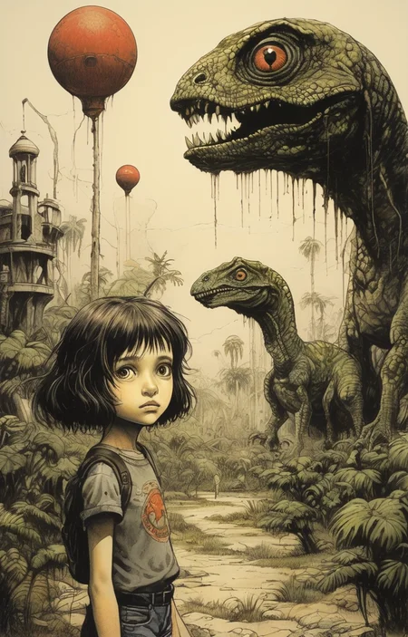 masterpiece,best quality,<lora:tbh275-sdxl:0.9>,illustration,style of William Stout,jurassic park, tech genius teenage girl