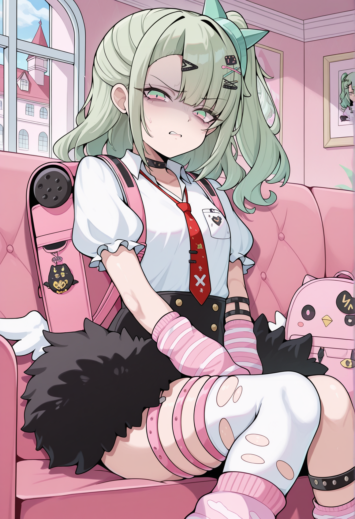 1girl, green hair, medium hair, gradient eyes, green eyes, pink eyes, single sidelock, x hair ornament, side ponytail, ribbon, choker,  white shirt, necktie, short sleeves, puffy sleeves, arm warmers, skirt, fur trim, asymmetrical legwear, leg warmers, backpack, sitting, couch, indoors, mansion, disgust, looking at viewer   <lora:Chinatsu_Remiel_zzz_illus:1>, masterpiece, best quality, amazing quality, very aesthetic, absurdres, highres, newest