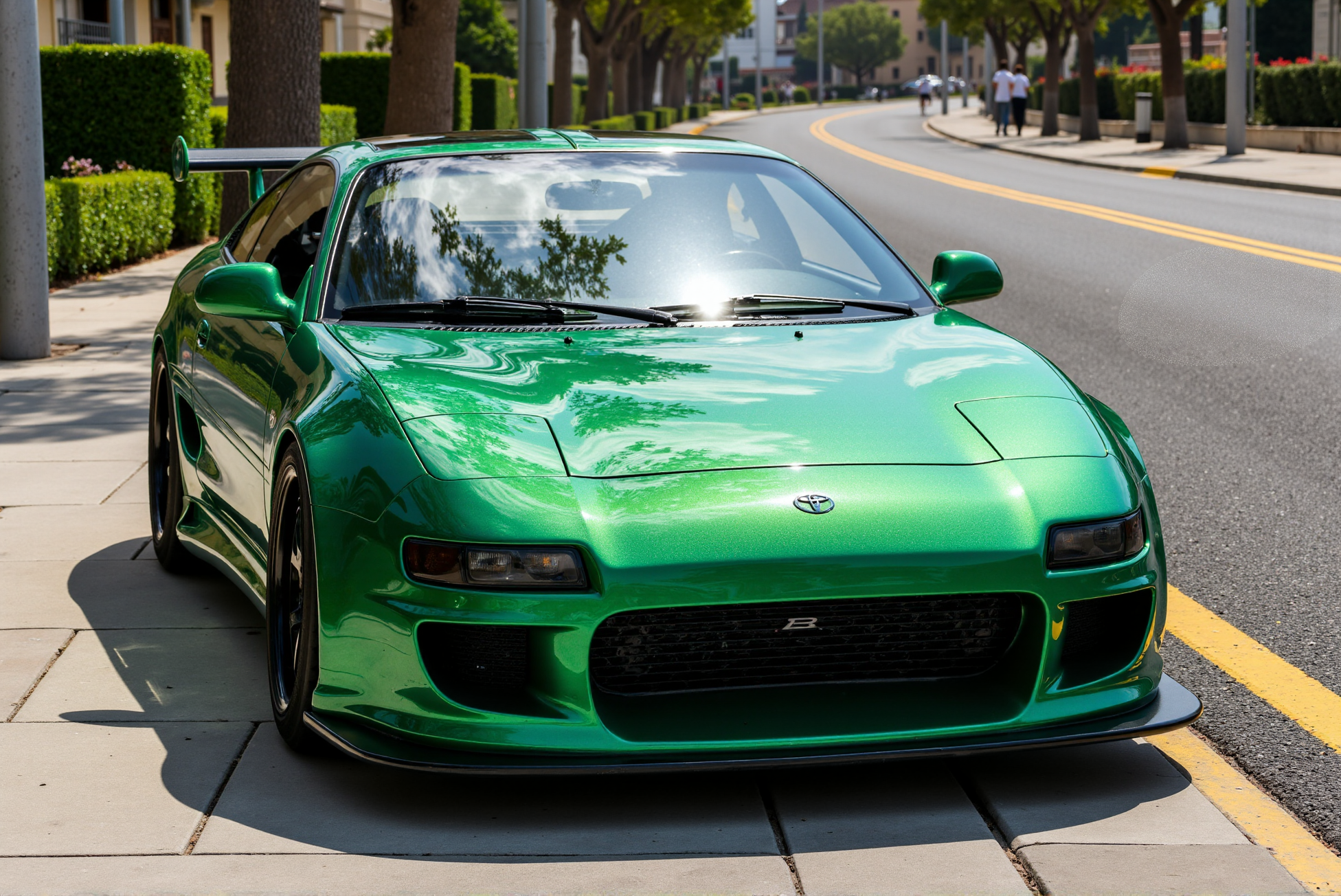 <lora:Toyota_MR2_SW20:0.8> 
A Toyota MR2 (SW20) finished in a mesmerizing high-gloss, emerald green marble wrap with swirling jade tones and subtle aquatic textures, parked along a curved boulevard in a luxury urban setting. The reflective bodywork captures surrounding palm trees and architectural elements, blending organic shapes with the sportscarâs aggressive aerodynamic lines. The sculpted hood vents and sharp LED headlamps punctuate the smooth, flowing surface, while the wrapâs depth and translucency create an illusion of movement beneath the surface, like mineral veins or underwater currents. Framed by stone pavers and a winding asphalt street with yellow lane markings, the car exudes exclusivity and artistry. DoubleStream Style Layer: ultra-gloss marble-effect wrap with translucent green-on-green mineral patterning, palette of jade, malachite, and deep forest green over black carbon fiber accents, luxury sportscar photography in an urban European setting, elevated angle capturing natural reflections across sculpted body panels, JDM elegance fused with exotic customization, hyper-reflective finish producing depth and layered gloss over aerodynamic surfaces.