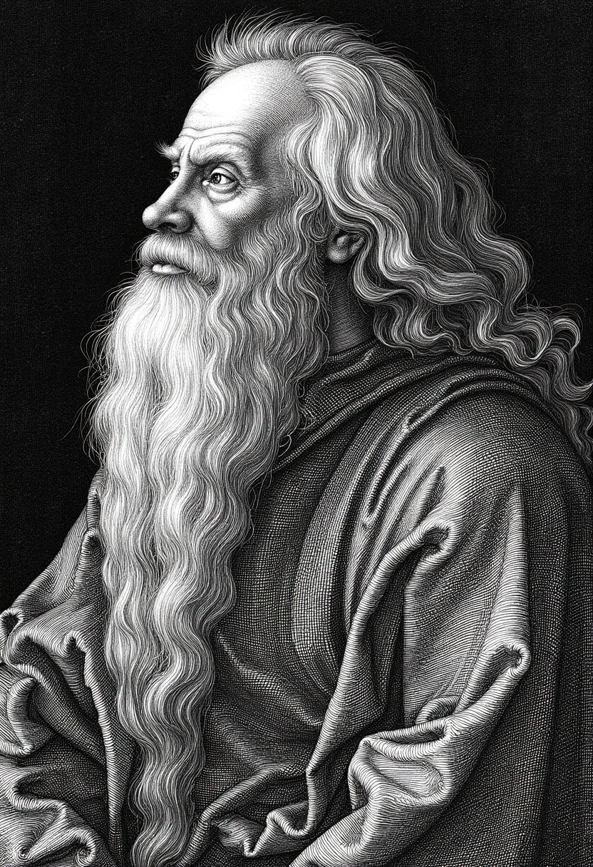 engraving in the style of yfg-durer, Masterpiece. An ancient druid with a (richly detailed ritual robe:1.4) gazing at the viewer, his long white beard cascading down his chest. (closeup portrait composition:1.6) from the side, Dramatic lighting enhances the intricate textures of the druid's robe in the serene night. realistic, hyper realistic, 8k, raw.