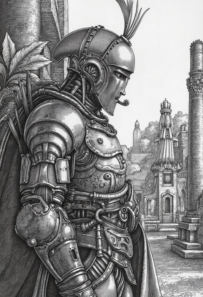 engraving in the style of yfg-durer, Digital painting with a steampunk theme, focusing on a character in elaborate mechanical armor and a helmet, set against a bright, sunny backdrop with ancient ruins and tropical leaves, highlighting the intricate design and texture of the mechanical elements, contrasting with the vibrant natural surroundings.
