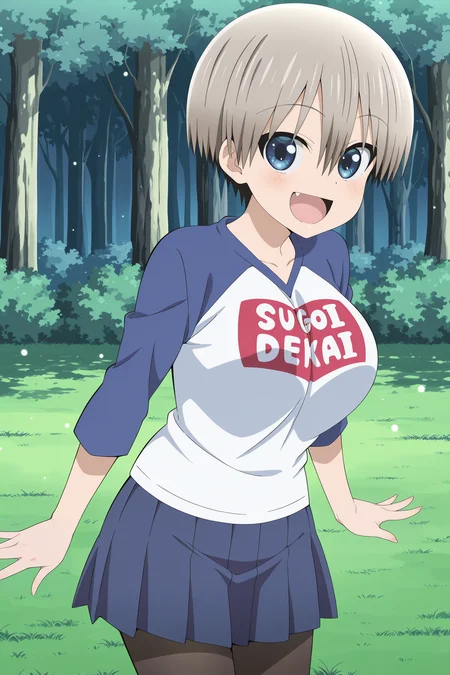 anime screencap, anime coloring, detailed face, masterpiece, best quality, very aesthetic, absurdres, bokeh, volumetric lighting, official style, amazing quality, ultra detailed, highres, amazing quality, scenery, beautiful detailed hair, beautiful detailed eyes, defined fingers, five fingers,
<lora:Hana_Uzaki_Uzaki-chan_Wants_to_Hang_Out_-_Illustrious_V2:1>
outside, trees, grass,
Hana sugoi dekai outfit, Hana Uzaki (character), uzaki hana, 1girl, breasts, solo, clothes writing, pantyhose, raglan sleeves, short hair, open mouth, romaji text, grey hair, blue eyes, looking at the viewer, fang, happy girl, :D