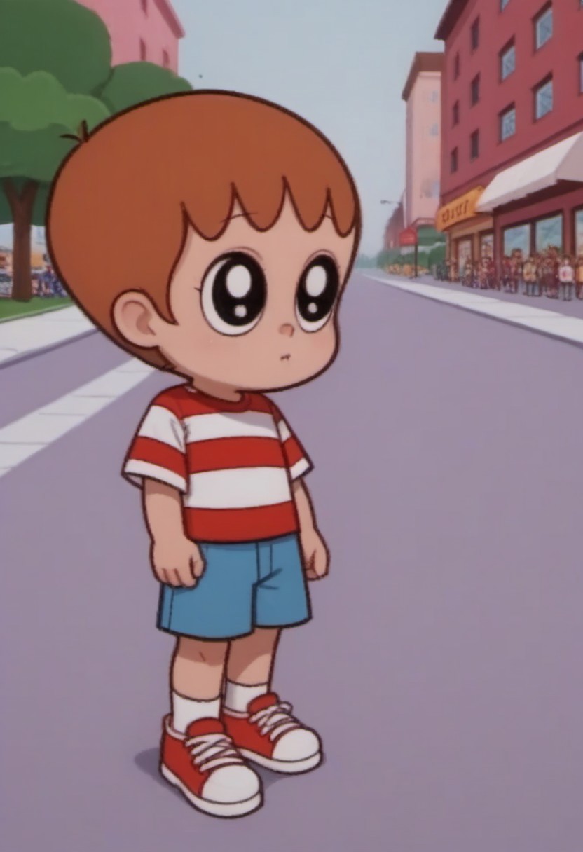 Score_8_up, score_9, cartoon, source_cartoon, small body, young proportions, young, full body, full body shot, public street background, street, CreeEyNeBoy, 1boy, solo, cartoon style, young boy, short, light brown hair, fringe, large round eyes with a glossy finish, small mouth, chubby face, small rounded nose, red and white horizontal striped shirt, blue shorts