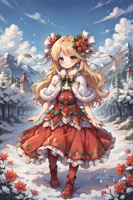 (score_9, score_8_up, score_7_up), source anime, <lora:backgroundsetXL:0.2> , background, exterior, winter, snow, scenery, blue sky, BREAK
<lora:Priscilla:0.75> , prdef, 1girl, blonde hair, blue eyes, long hair, hair ornament, hair ribbon, white hair ribbon, hair flower, earrings, fur-trimmed capelet, capelet, dress, red dress, layered dress, frilled dress, boots, red pantyhose, perfect hands, smile, blush, looking at viewer, cowboy shot, <lora:d4rkpurpXLP:0.4> , d4rkpurp,