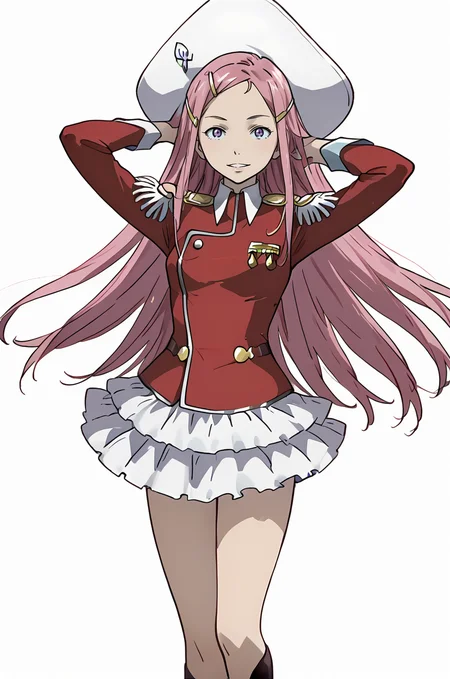 <lora:Anemone:0.9>, (anemoneBB:1.6),purple eyes,pink hair,long hair,hairclip,epaulettes,hat,uniform,skirt, (mature female:0.7), collarbone, medium breasts, perky breasts, beautiful, elegant, parted lips, hands behind head, armpit crease, portrait, full body, expressionless, cowboy shot,dynamic angle, seductive smile, soft body, front view, warm light, white background, simple background, cinematic, flat color, official art, [illustration], [screencap], source anime, vibrant colors, saturation, <lora:Watercolor Anime Style LoRA_Pony XL v6:0.3> watercolor \(medium\), traditional media,