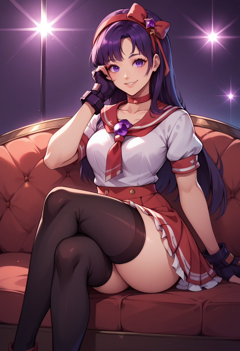 score_9, score_8_up, score_7_up, score_6_up, source_anime BREAK  <lora:AthenaXIV-000005:1>,  AthenaKOFXIV, red hairband, rec hair ribbon, purple eyes, purple hair, red choker, serafuku,pearl (gemstone), short sleeves, red skirt, fingerless gloves,black  thighhighs,  stage lights, purple background, hand on own face, sitting, crossed legs, couch, smile, looking at viewer,