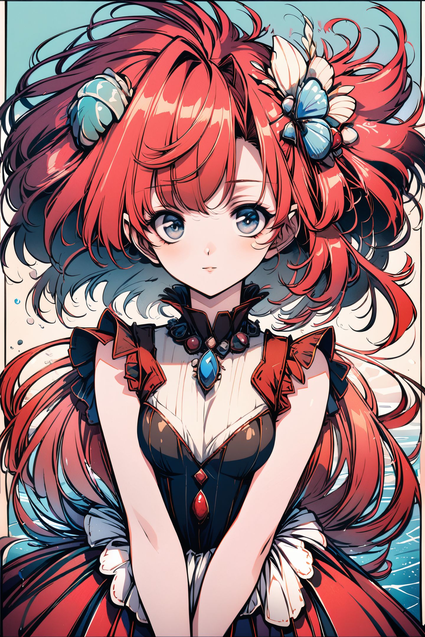 1girl,solo,red hair,long hair,blue eyes,looking at viewer,gem,jewelry,upper body,floating hair,bangs,water,shell,hair ornament,dress,
<lora:Old Fashioned Celluloid_XL:1>,