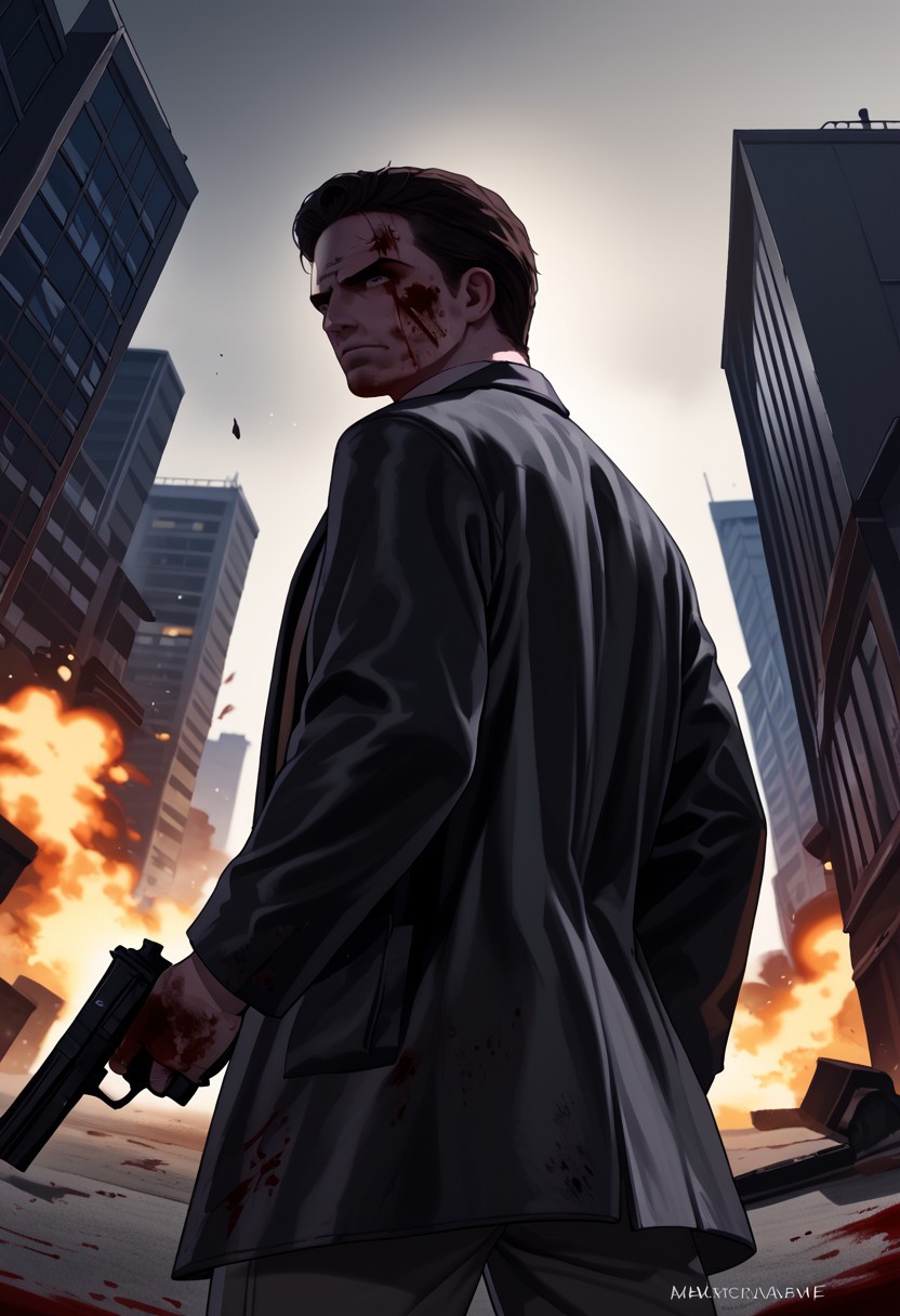 score_9, score_8_up, score_7_up, score_6_up, score_5_up, score_4_up, 
max_payne2, 1 man, upper body, black jacket, white collared shirt, injuries and stitches on forehead, blood stains on shirt, low angle, looking back, holding guns, action scene, city street, blood splatter on the ground, explosion