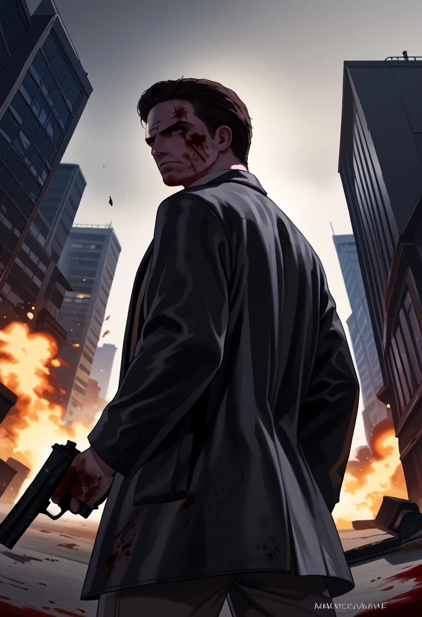 score_9, score_8_up, score_7_up, score_6_up, score_5_up, score_4_up,
max_payne2, 1 man, upper body, black jacket, white collared shirt, injuries and stitches on forehead, blood stains on shirt, low angle, looking back, holding guns, action scene, city street, blood splatter on the ground, explosion