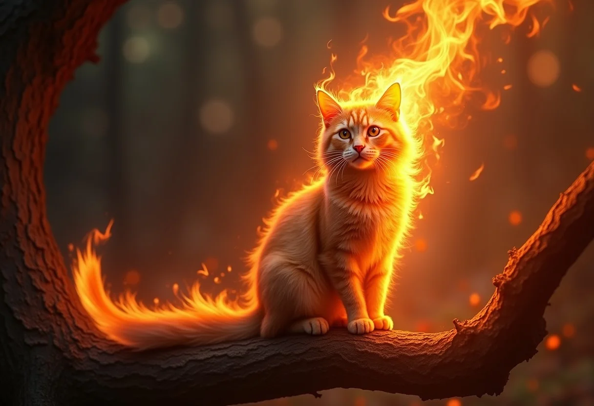 Masterpiece, 4k, 8k, high quality, highly detailed, A fire-elemental cat engulfed in flame and shadow, realistic flame, inferno, fiery tail, blazing whiskers, burning, sitting on an oak branch, fantasy setting, looking at viewer, absurdres, concept art, elemental,