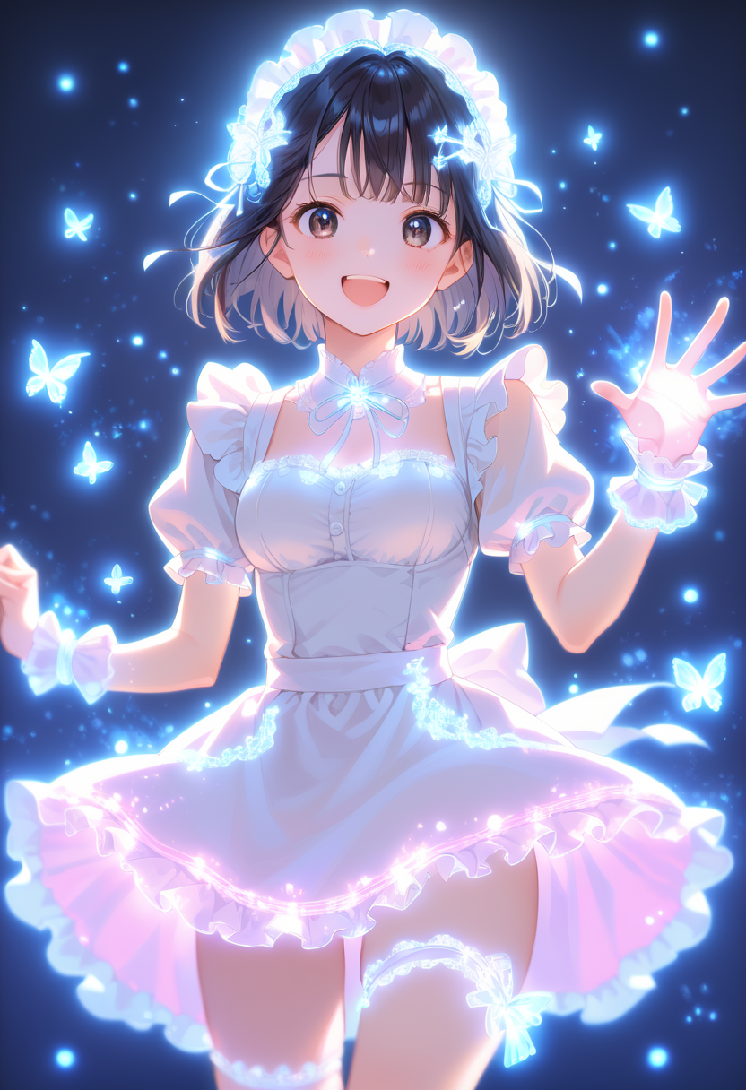 score_9, score_8_up, score_7_up , masterpiece,best quality,amazing quality, very aesthetic, ((outlined outlined vector graphics)), cute face, (glow eyes:0.5) ,   front view ,  looking at viewer ,  looking at viewer ,
1girl,
20yo, black hair, black eyes, short bob hair, hair pin,mdeium  breast, slender,(white thigh strap:1.1)
,
white  clothes, (focus female), smile beam, action pose, (clothed:1.1), maid, sparkling maid uniforms, maid head band,glowing, glittring,
 happy,  
open eyes , (kawaii) , hair ornament ,  <lora:spakling-maid-pony-01:1>