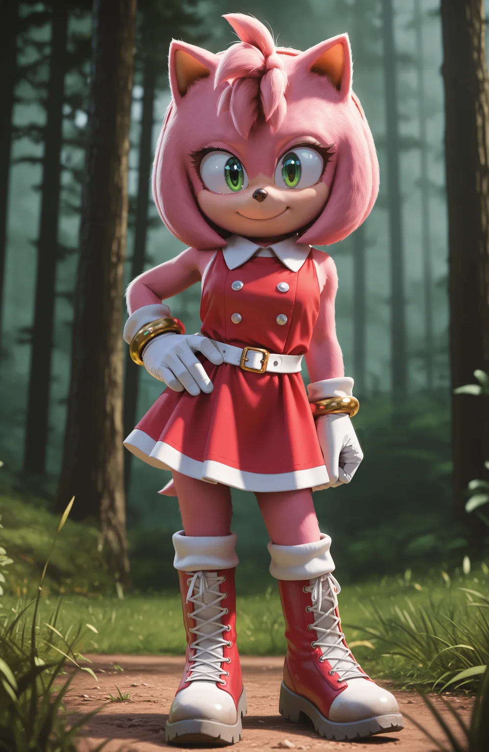 1girl, solo, full body, no humans, green hill zone, forest, grass, realistic,
<lora:Movie-Amy:1> movieamy, pink fur, green eyes, animal nose, body fur, hedgehog tail, petite, short legs,
short hair, bob cut, red hairband,
red dress, sleeveless dress, backless outfit, white belt, collared dress, gold bracelet,
white socks, white gloves, standing, lace-up boots, red boots, white boots, two-tone boots,
contrapposto, standing, smile, looking at viewer, hand on own hip, extremely detailed, highres, masterpiece, best quality