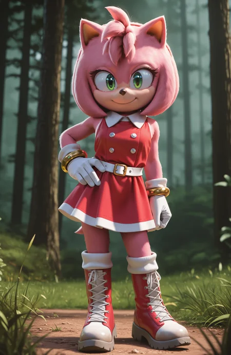 1girl, solo, full body, no humans, green hill zone, forest, grass, realistic,
<lora:Movie-Amy:1> movieamy, pink fur, green eyes, animal nose, body fur, hedgehog tail, petite, short legs,
short hair, bob cut, red hairband,
red dress, sleeveless dress, backless outfit, white belt, collared dress, gold bracelet,
white socks, white gloves, standing, lace-up boots, red boots, white boots, two-tone boots,
contrapposto, standing, smile, looking at viewer, hand on own hip, extremely detailed, highres, masterpiece, best quality