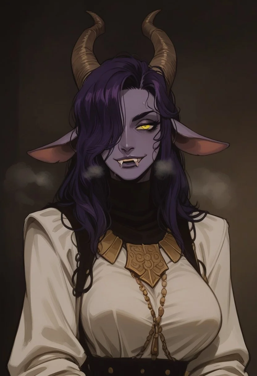 score_9_up, score_8_up, score_7_up, solo, Vintage, 1990s \(style\), BREAK portrait, close up, face, 1girl, purple hair, long hair, yellow eyes, horizontal pupils, hair over one eye, goat ears, goat horns, (purple skin:1.1), lips, fangs, large breasts, Aquiline Nose, pointy nose, naughty face, aroused, sweat, very sweaty, sweatdrop, seductive smile, steaming body, breath, heavy breathing, hot, roman clothes