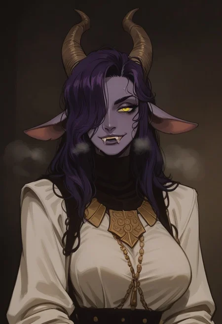 score_9_up, score_8_up, score_7_up, solo, Vintage, 1990s \(style\), BREAK portrait, close up, face, 1girl, purple hair, long hair, yellow eyes, horizontal pupils, hair over one eye, goat ears, goat horns, (purple skin:1.1), lips, fangs, large breasts, Aquiline Nose, pointy nose, naughty face, aroused, sweat, very sweaty, sweatdrop, seductive smile, steaming body, breath, heavy breathing, hot, roman clothes