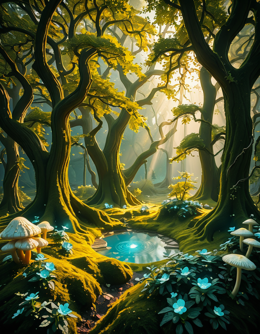A mystical enchanted forest bathed in a soft, ethereal glow. Towering ancient trees with twisted roots and bioluminescent moss create a dreamlike atmosphere. The air is filled with a faint, magical mist that swirls gently around vibrant, oversized mushrooms and glowing blue and purple flowers. Delicate fireflies and tiny floating orbs of light hover in the air, illuminating the dense foliage with a magical shimmer. A narrow, winding path covered in soft moss leads deeper into the mysterious woodland, where faint beams of golden sunlight filter through the thick canopy, casting intricate patterns on the forest floor. The colors are rich and vibrant, with deep emerald greens, soft blues, and glowing purples creating a surreal and otherworldly ambiance. The scene is highly detailed and photorealistic, capturing the textures of the moss-covered tree trunks, the luminescent flora, and the misty, dreamlike atmosphere of the enchanted forest.
<lora:SDXLFaeTastic2400:0.4> <lora:extremely_detailed:0.4> extremely detailed,<lora:3nch4nt3d_f0r3st-ill:1>,3nch4nt3d f0r3st, Masterpiece,best quality,hi res,8k,hi res,8k,award winning,(sharp focus, intricate, highly detailed),