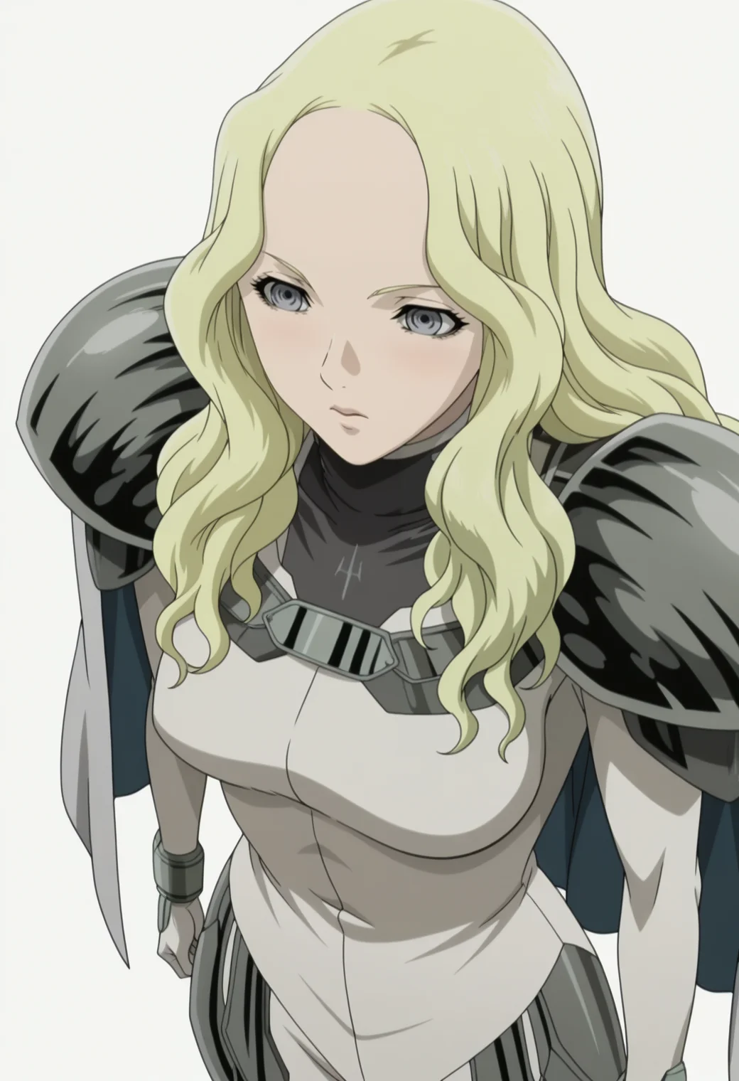masterpiece, best quality, amazing quality, anime coloring, anime screencap, 1girl, <lora:DX888TeresaIL:1> teresa, grey eyes, blonde hair, wavy hair, long hair, body suit, pauldrons, cape, BREAK pastel background, white background from above, hand glasses,