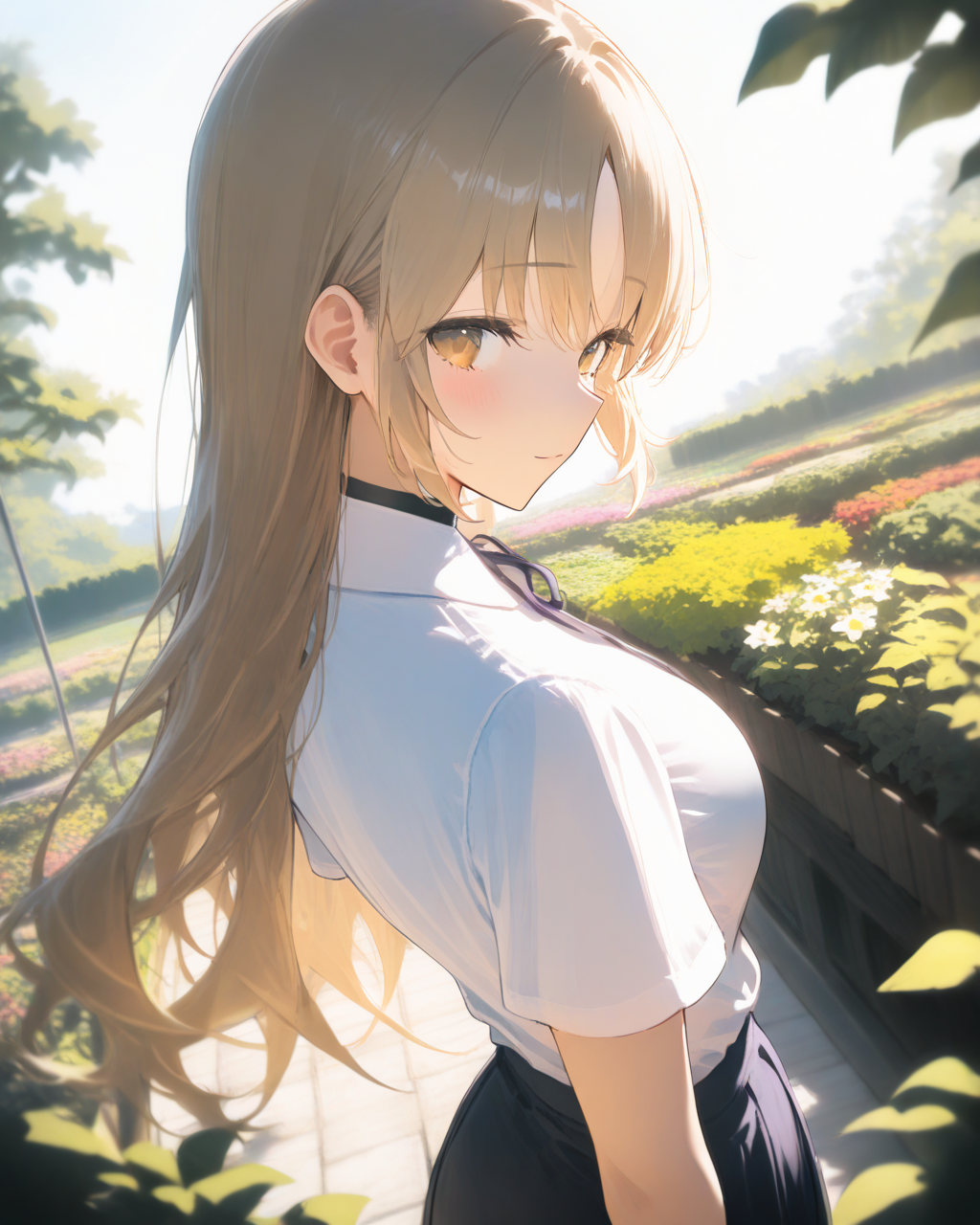 1girl,
SisterClaireNijisanji,
safe, perspective, dutch angle, from back, upper body,
looking back,
white shirts, short sleeves, skirt,
breasts,
, 
soft lighting, spring, garden,
depth of field,
<lora:kp_SisterClaireNijisanji1stCostumeAnimagineXL_v1_1:1.0>,
masterpiece, high score, great score, absurdres