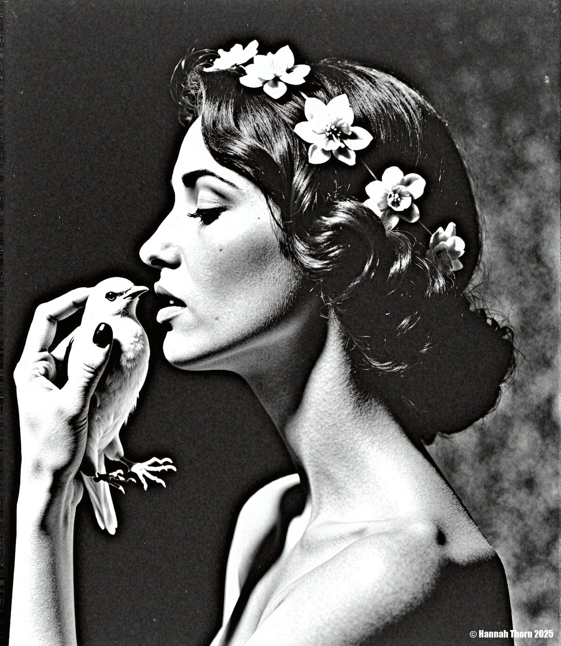 Generate a black and white photographic portrait, chest-up, in the style of Helmut Newton and Peter Lindbergh, reminiscent of classic photojournalism. The subject, a woman with waved hair adorned with a floral circlet, is in profile, subtly angled towards the viewer.  She holds a small bird gently near her face, its beak close to her lips; her eyes are closed, her expression serene.  Employ dramatic chiaroscuro lighting with strong shadows and stark contrasts, emphasizing textures and creating depth.  The background is dark, blurred, and undefined.  A grainy film aesthetic, reminiscent of a vintage print, is crucial.  The image should exhibit a monochromatic palette with a strong sense of intimacy and mystery, achieving a compelling interplay between light and shadow à la Caravaggio, and a subtly sensual mood evocative of Edward Weston's nudes. <lora:_Flux\_Photographer\Helmut_Newton-000001.safetensors:0.85:0.85>
