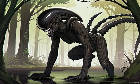 score_9, score_8_up, score_7_up, score_6_up, score_5_up, score_4_up, source_western, BREAK, a xenomorph in a swamp, wet, drool, mud, trees,