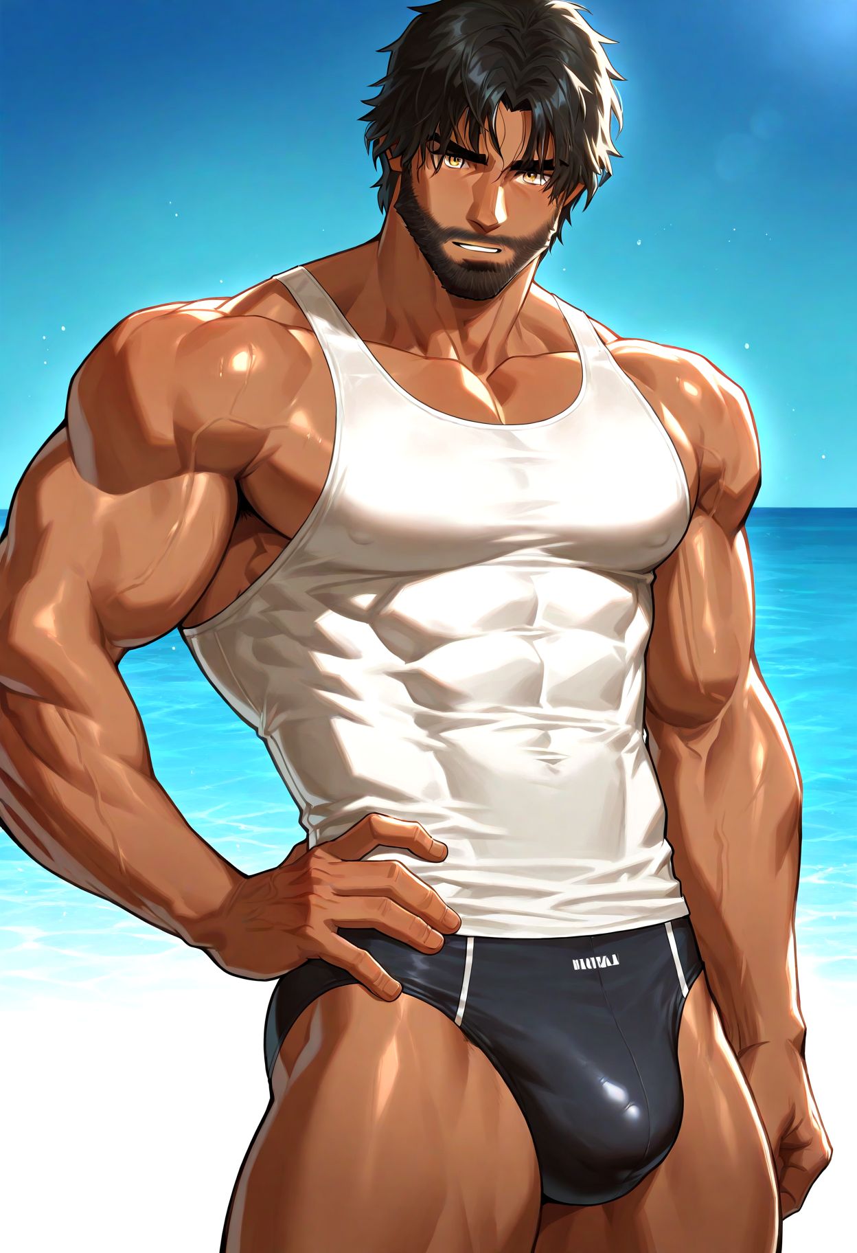 1boy,bara,muscular male,mature male,cowboy shot,
black hair,dark skin,facial hair,beard,yellow eyes,looking at viewer,
white tank top,hand on own hip,swim briefs,
very awa,masterpiece,best quality,absurdres,newest,perfect quality,detailed background,intricate details,
<lora:4k:1>,<lora:Jayce_Survivor:1>,