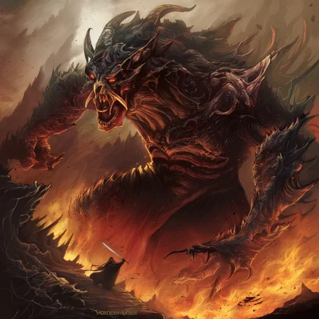 breathtaking artwork of a balrogs from lord of the rings by dnmumfrd <lora:dan_mumford_v09:1.2>, danger, chaos, demon of power, Valaraukar