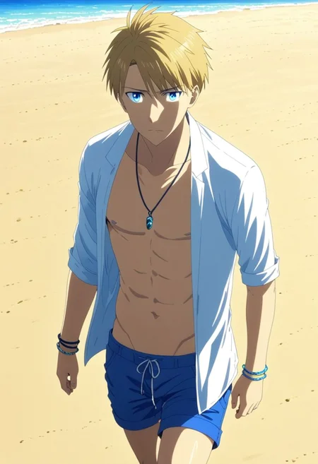 high resolution, solo, best quality, 1Boy, Yamato Ishida, Blond Hair, Blue Eyes, Necklace, beach, calm, clear sky, walking, candid, open shirt, shorts, sixpack, necklace, bracelet, OverallDetail